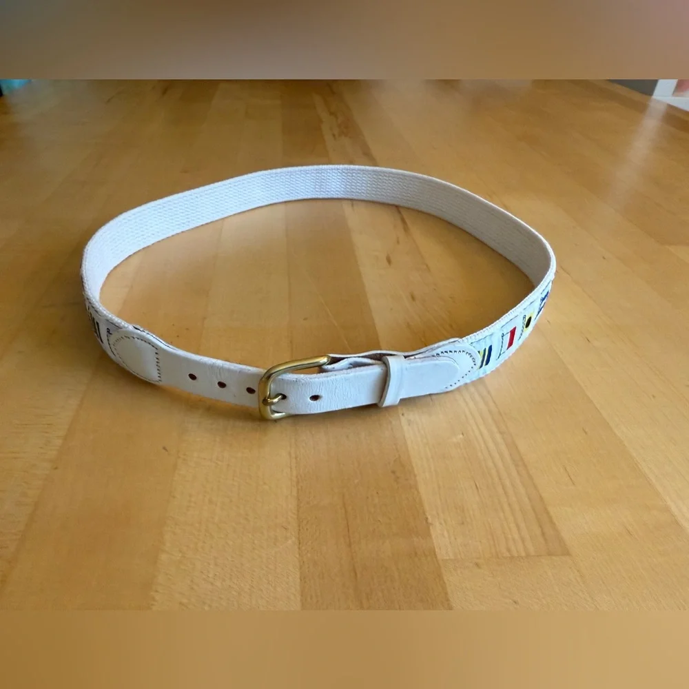 Leather Man Ltd Nautical Flag Belt Leather Handmade in CT Size 30 White